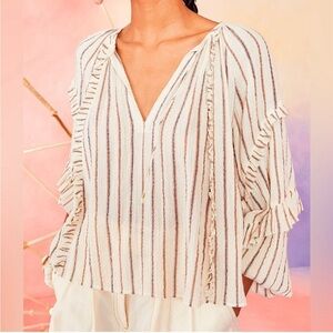 ULLA JOHNSON Liana Metallic Stripe Ruffle Balloon Sleeve Blouse